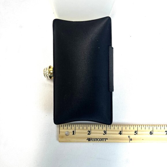 Rhinestone Clasp Classic Preppy Black Satin Clutch Purse Gold X Body Chain Strap - Picture 4 of 12